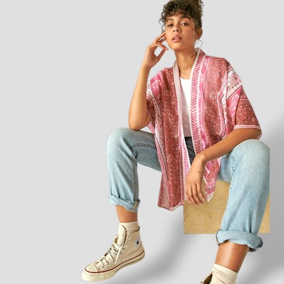 Lucky Brand NWT $88 floral boho lightweight kimono cardigan women's OS - Picture 2 of 10